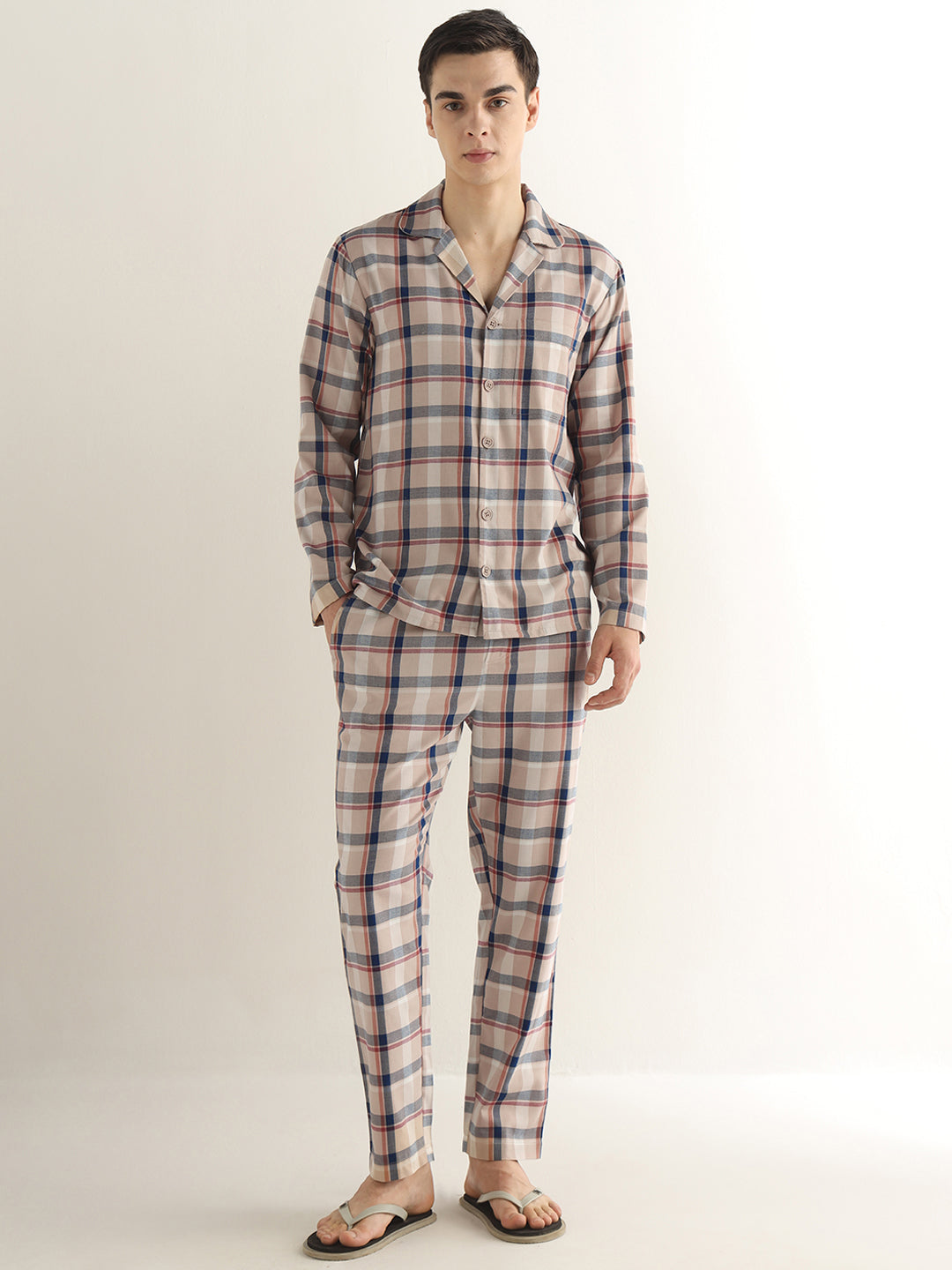 Hancock Men Beige Checked Pure Cotton Relaxed Fit Night Wear Night Suit