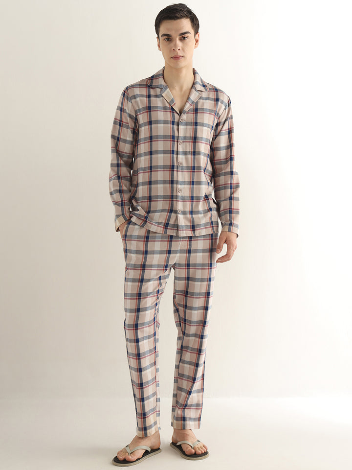 Hancock Men Beige Checked Pure Cotton Relaxed Fit Night Wear Night Suit
