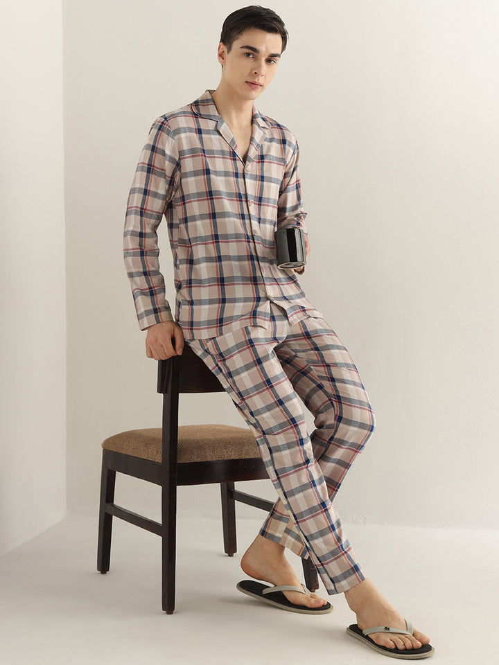Hancock Men Beige Checked Pure Cotton Relaxed Fit Night Wear Night Suit
