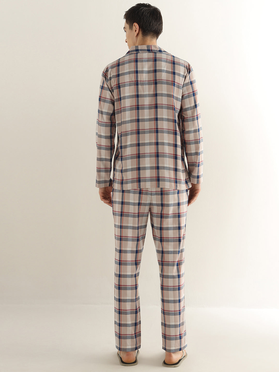 Hancock Men Beige Checked Pure Cotton Relaxed Fit Night Wear Night Suit