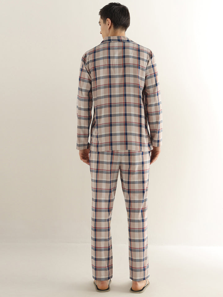 Hancock Men Beige Checked Pure Cotton Relaxed Fit Night Wear Night Suit