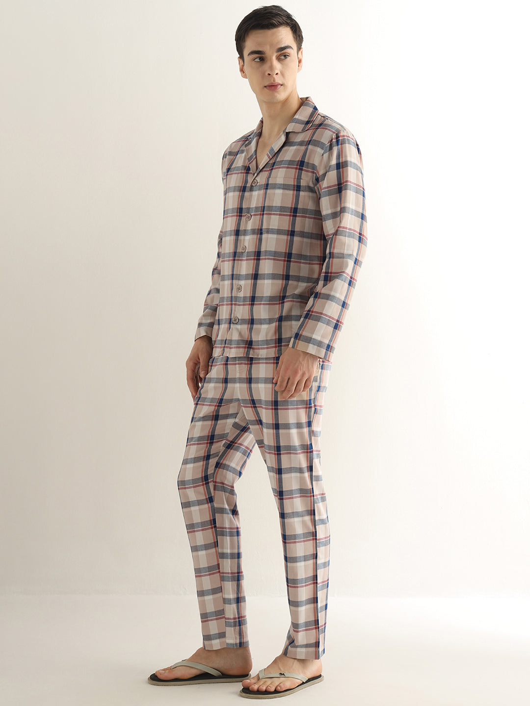 Hancock Men Beige Checked Pure Cotton Relaxed Fit Night Wear Night Suit