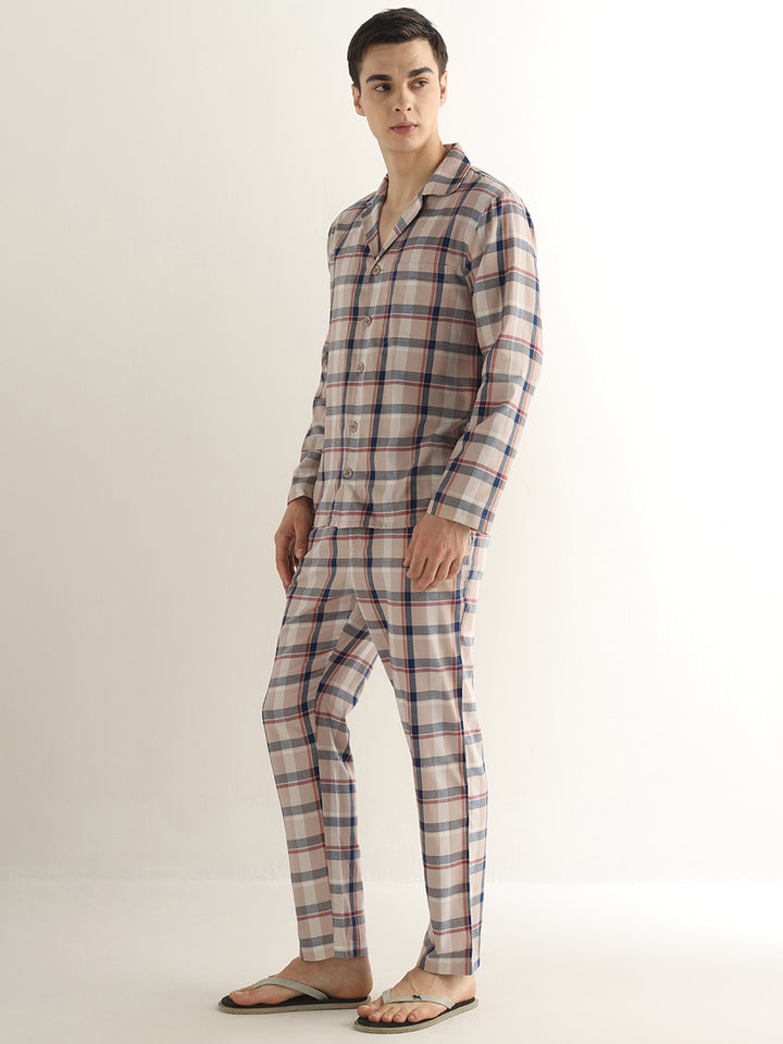 Hancock Men Beige Checked Pure Cotton Relaxed Fit Night Wear Night Suit