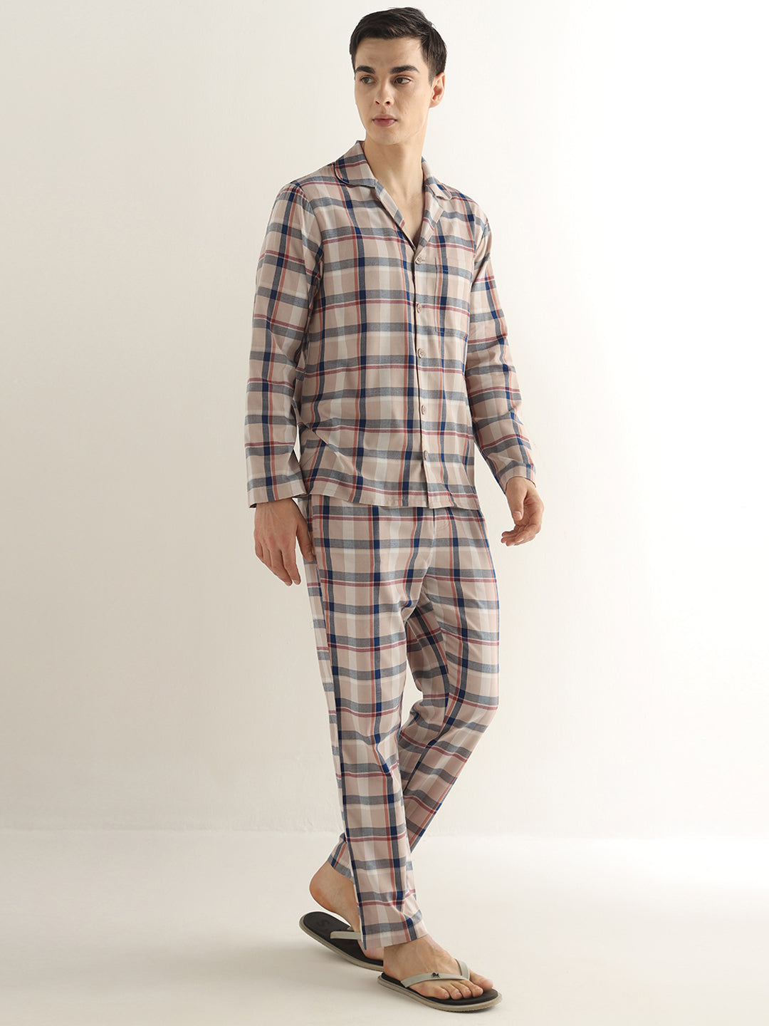 Hancock Men Beige Checked Pure Cotton Relaxed Fit Night Wear Night Suit