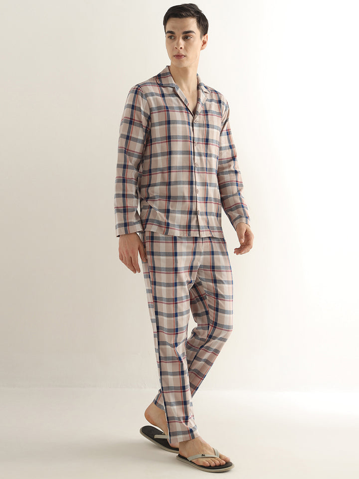 Hancock Men Beige Checked Pure Cotton Relaxed Fit Night Wear Night Suit
