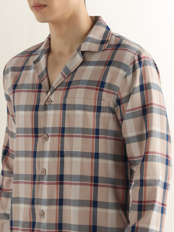 Hancock Men Beige Checked Pure Cotton Relaxed Fit Night Wear Night Suit
