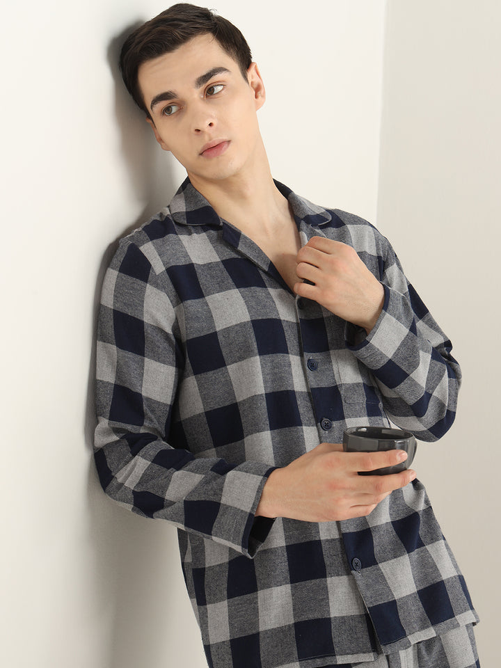 Hancock Men Grey & Navy Blue Checked Pure Cotton Relaxed Fit Night Wear Night Suit