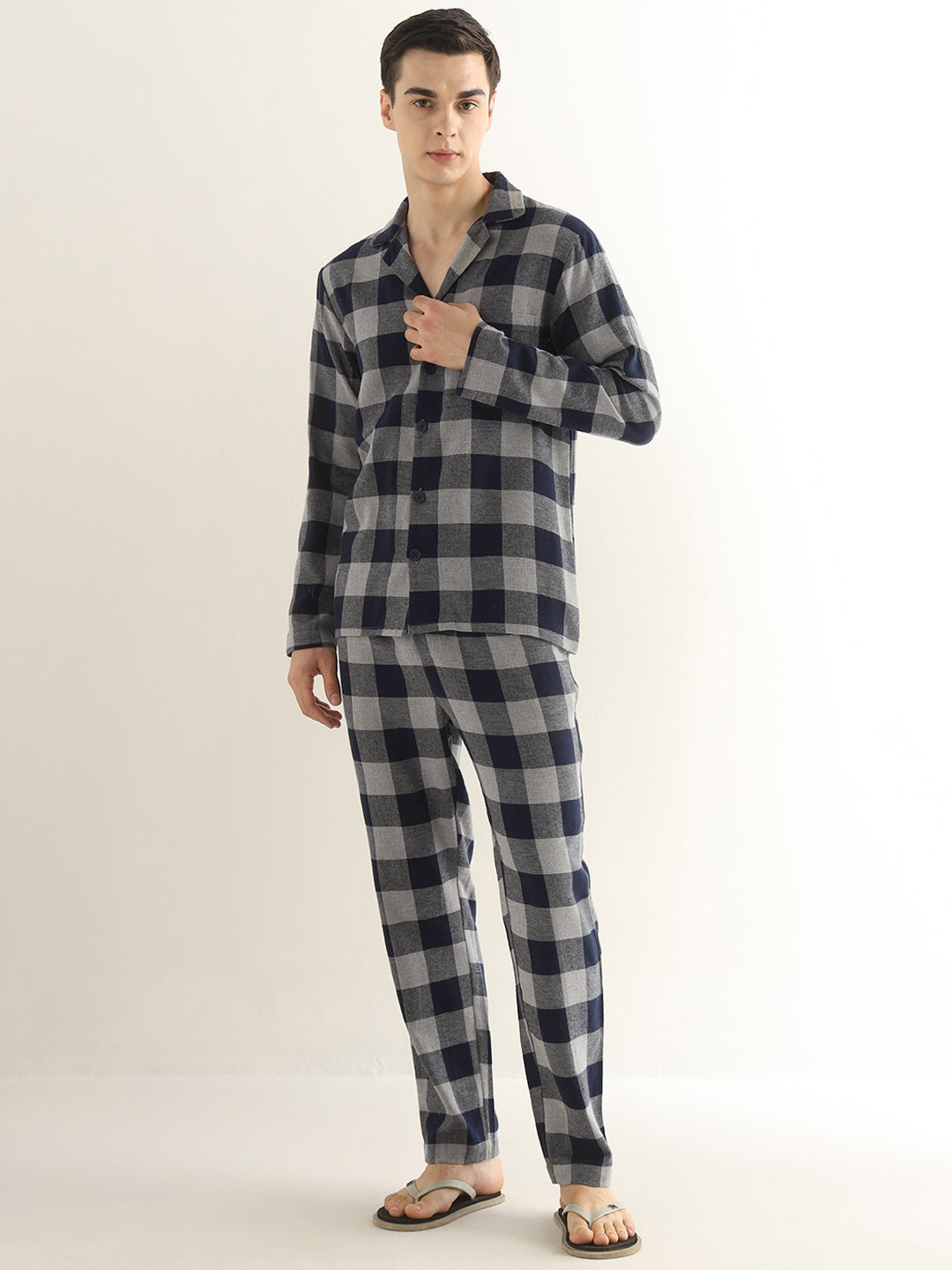 Hancock Men Grey & Navy Blue Checked Pure Cotton Relaxed Fit Night Wear Night Suit