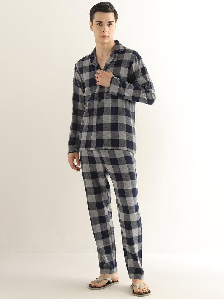 Hancock Men Grey & Navy Blue Checked Pure Cotton Relaxed Fit Night Wear Night Suit