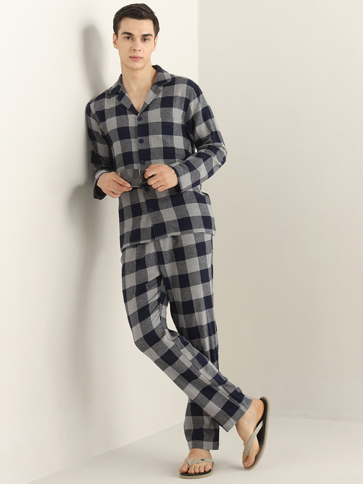 Hancock Men Grey & Navy Blue Checked Pure Cotton Relaxed Fit Night Wear Night Suit