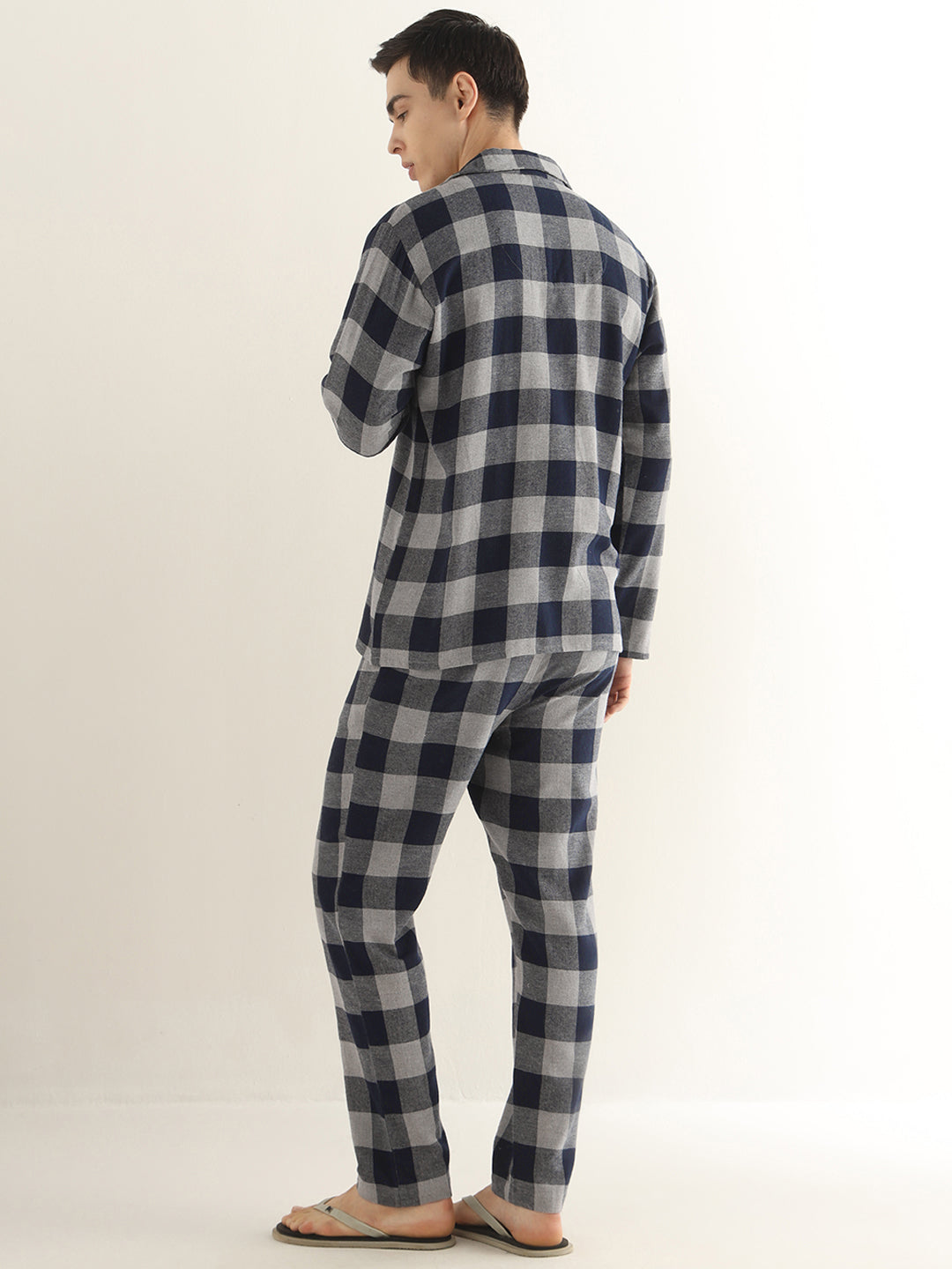 Hancock Men Grey & Navy Blue Checked Pure Cotton Relaxed Fit Night Wear Night Suit
