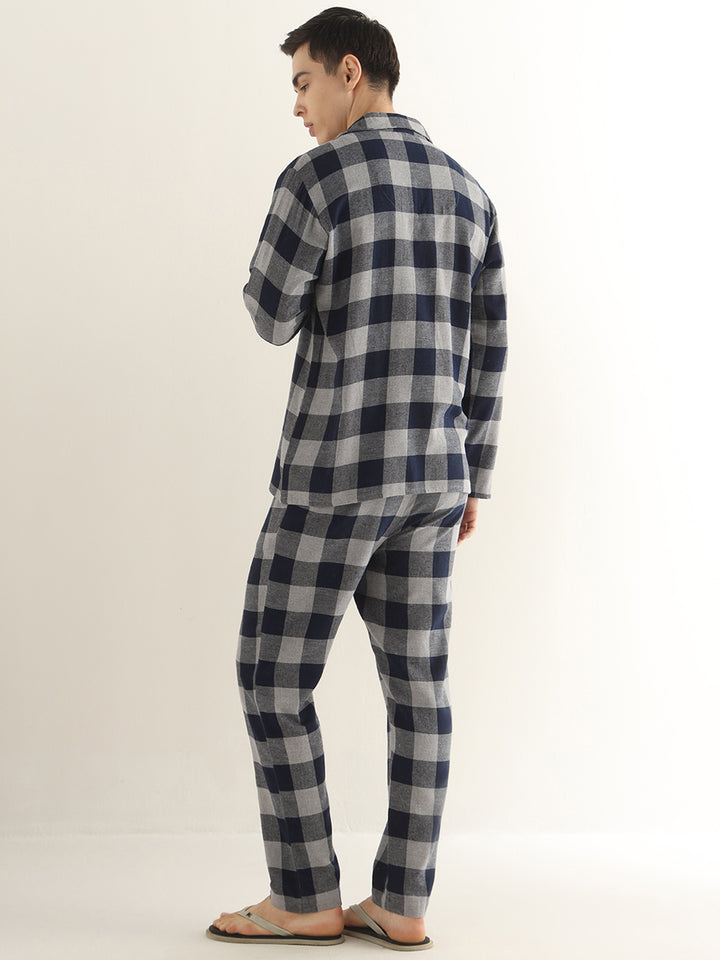 Hancock Men Grey & Navy Blue Checked Pure Cotton Relaxed Fit Night Wear Night Suit
