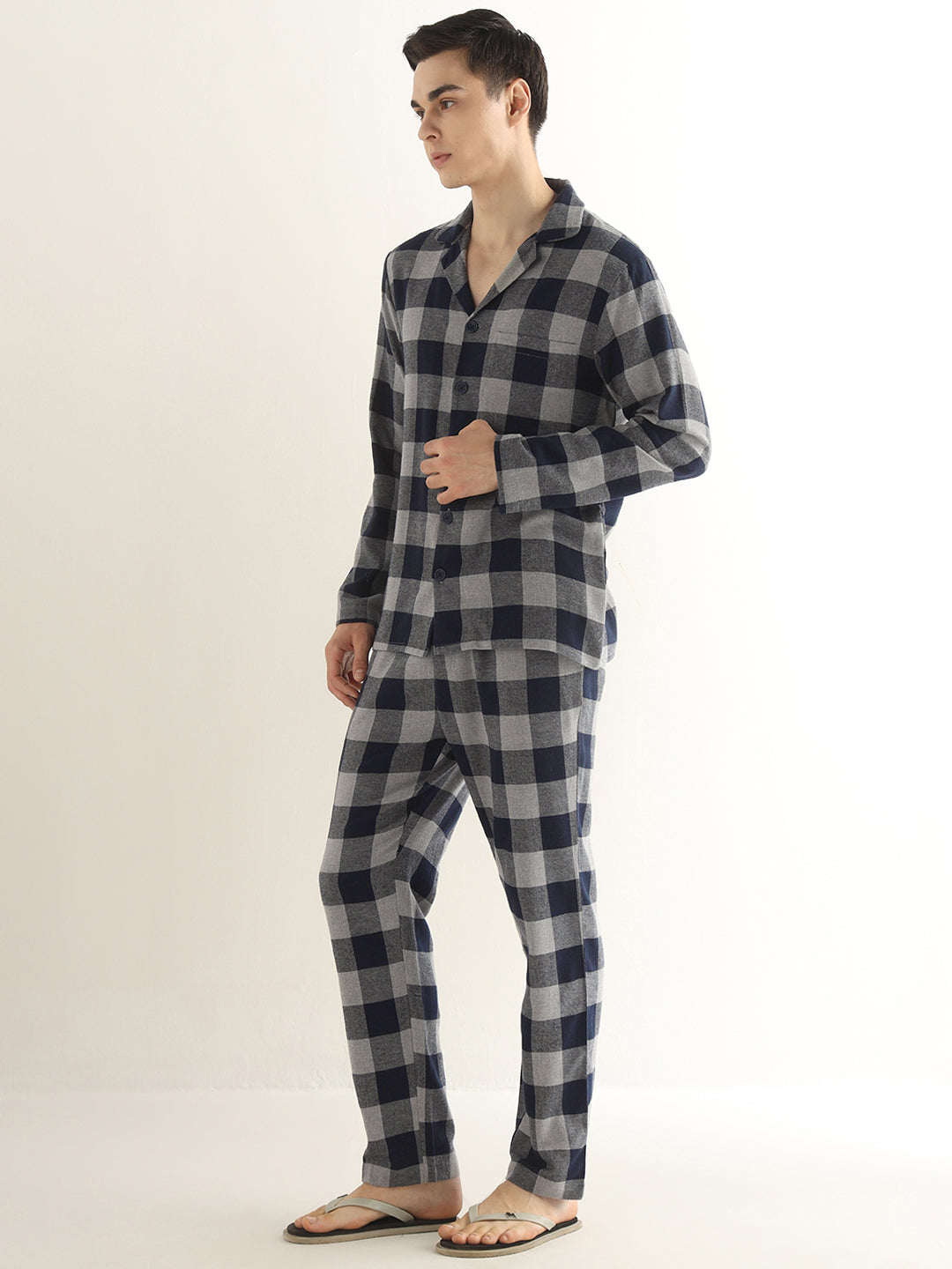 Hancock Men Grey & Navy Blue Checked Pure Cotton Relaxed Fit Night Wear Night Suit