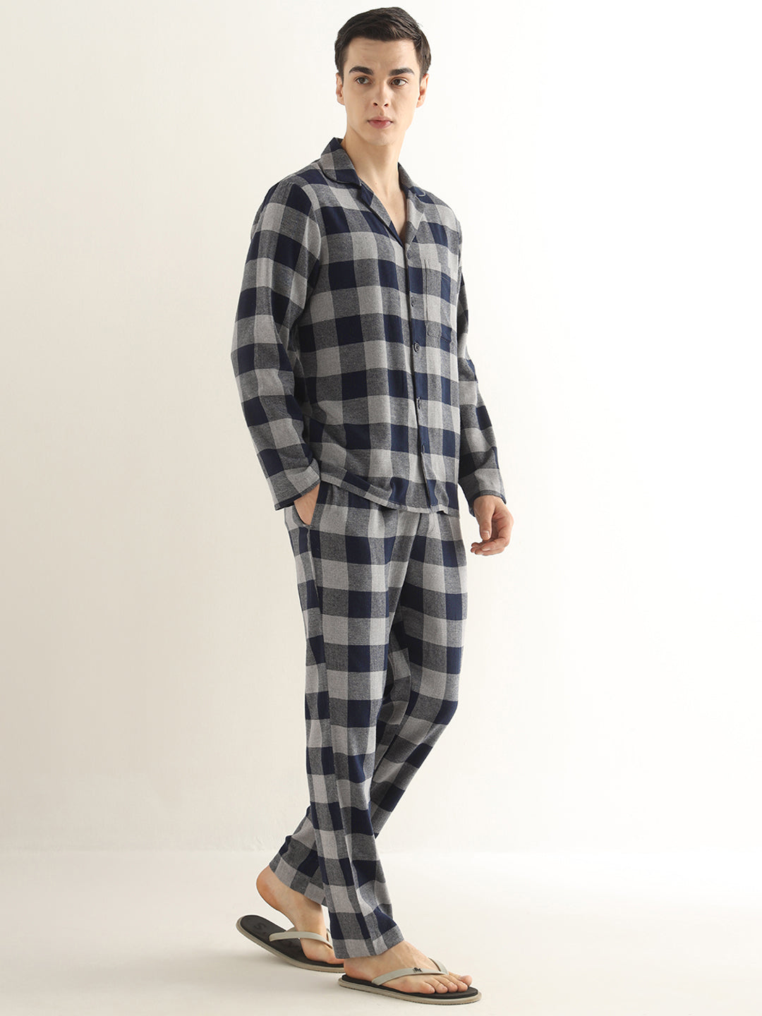 Hancock Men Grey & Navy Blue Checked Pure Cotton Relaxed Fit Night Wear Night Suit