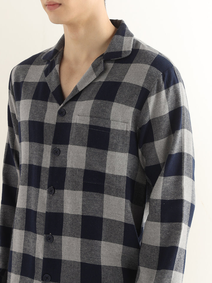 Hancock Men Grey & Navy Blue Checked Pure Cotton Relaxed Fit Night Wear Night Suit