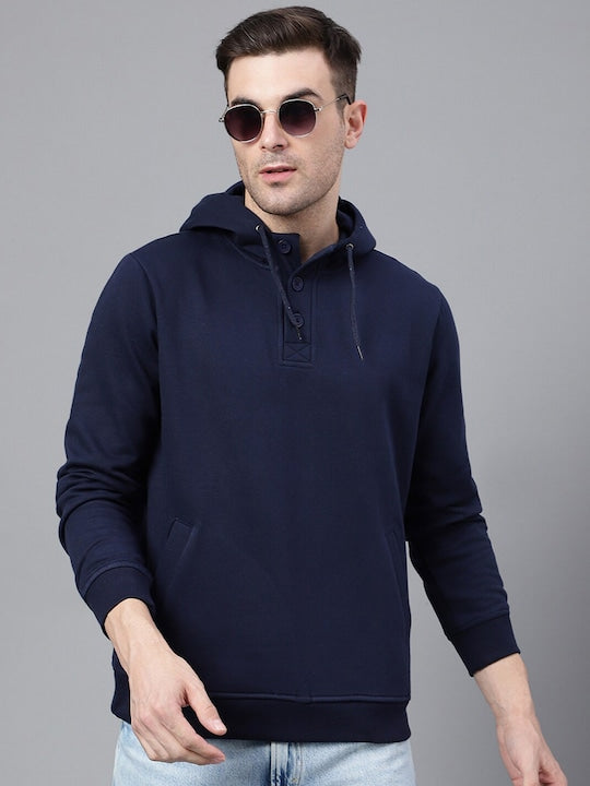 Men Navy Blue Solid Half Button Placket Long Sleeves Fleece Hooded Sweatshirt