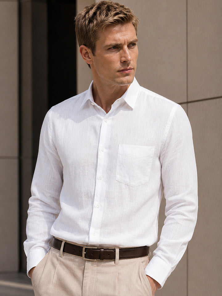 Men White Solid Pure Linen Slim Fit Formal Shirt