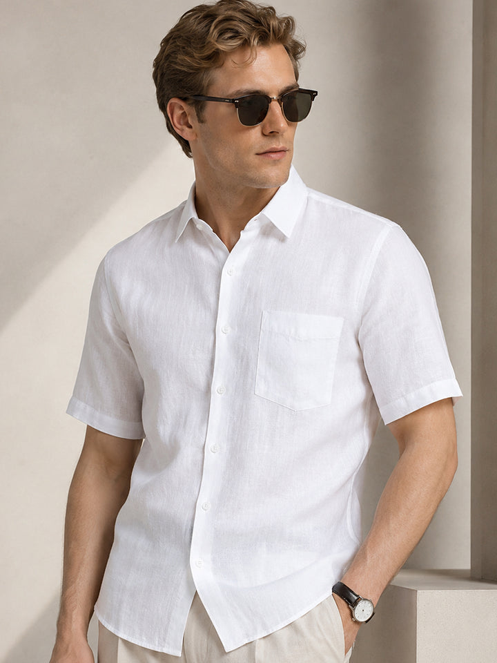 Men White Solid Pure Linen Slim Fit Formal Shirt