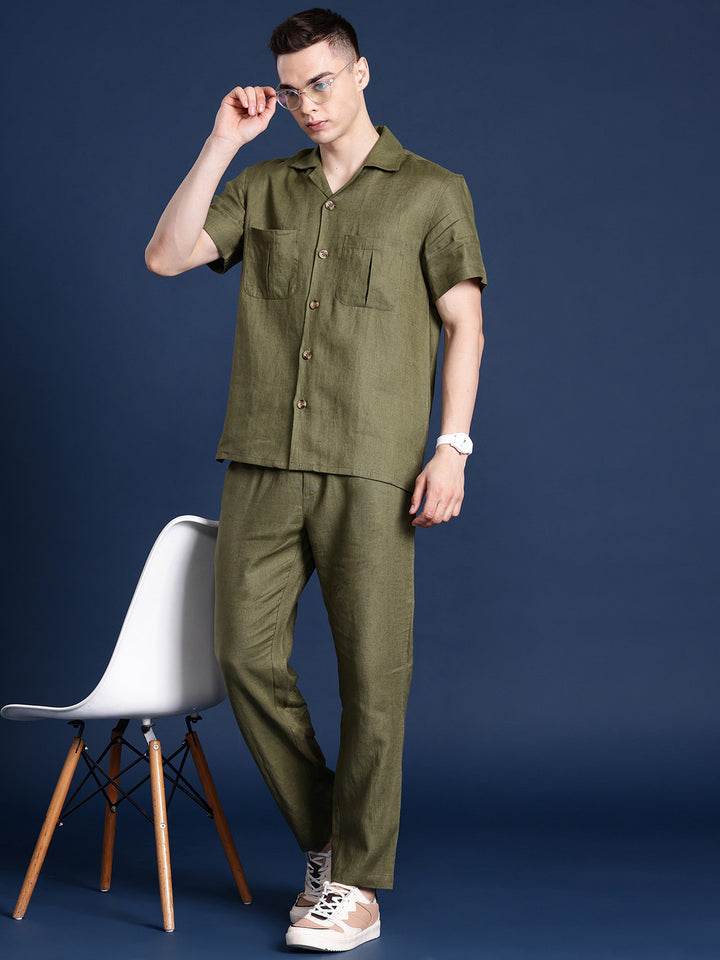 Men Olive Solid Pure Linen Relaxed Fit Casual Co-Ord