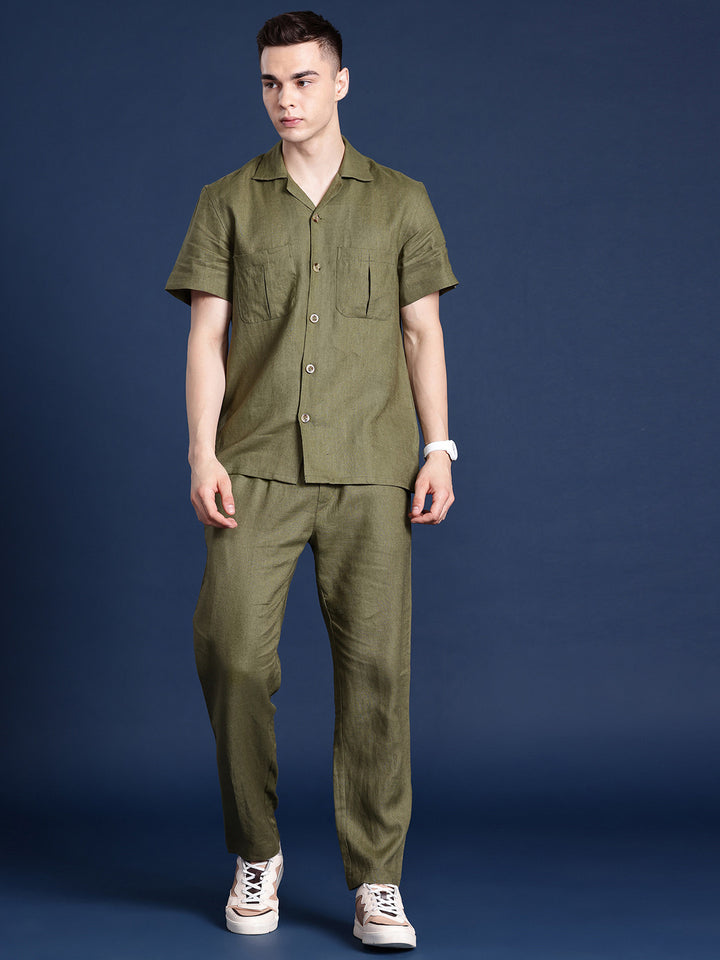 Men Olive Solid Pure Linen Relaxed Fit Casual Co-Ord