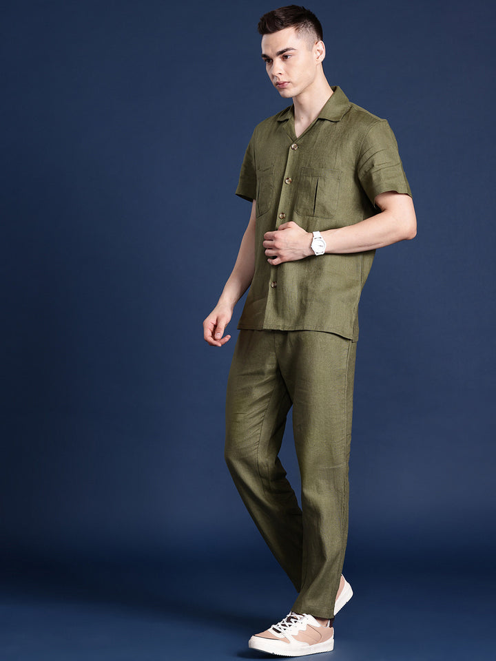 Men Olive Solid Pure Linen Relaxed Fit Casual Co-Ord