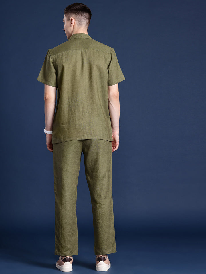 Men Olive Solid Pure Linen Relaxed Fit Casual Co-Ord