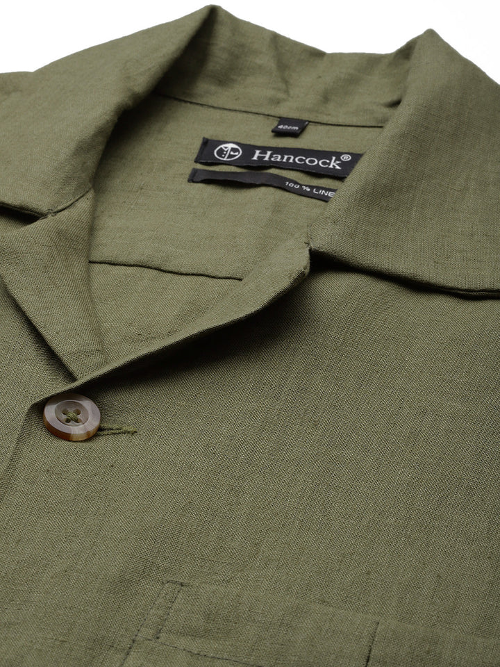 Men Olive Solid Pure Linen Relaxed Fit Casual Co-Ord