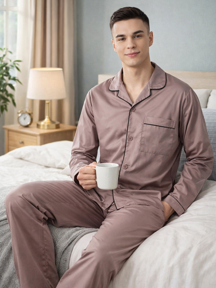 Men Dusty Mauve Solid Pure Cotton Relaxed Fit Casual Night Suit