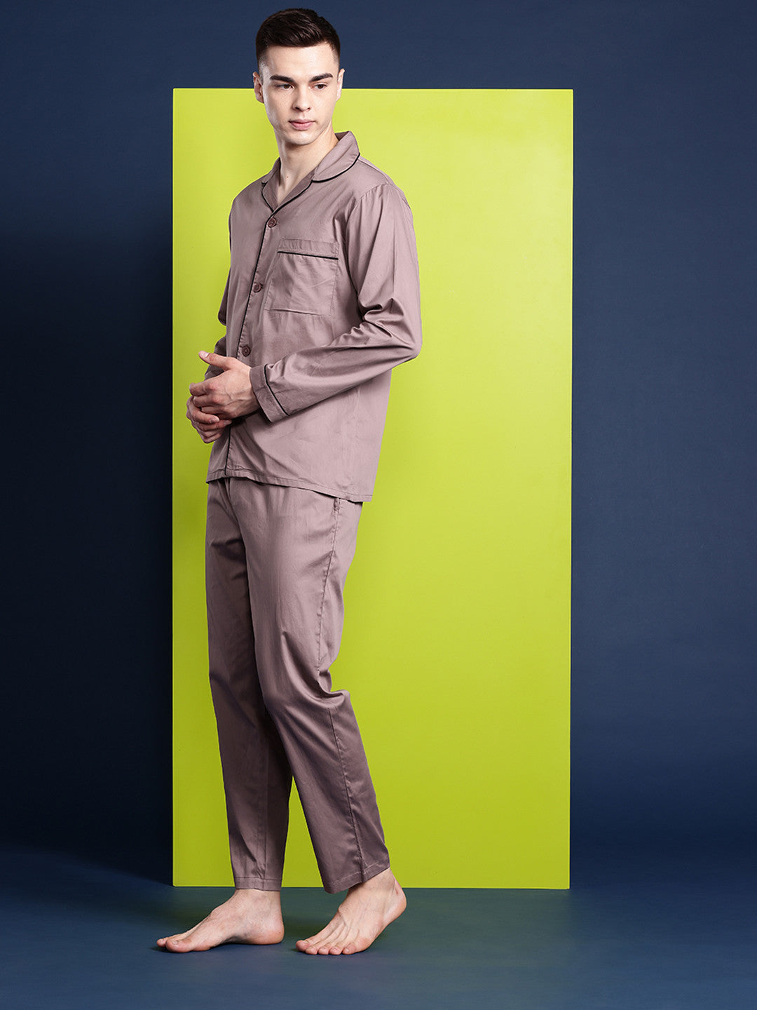 Men Dusty Mauve Solid Pure Cotton Relaxed Fit Casual Night Suit