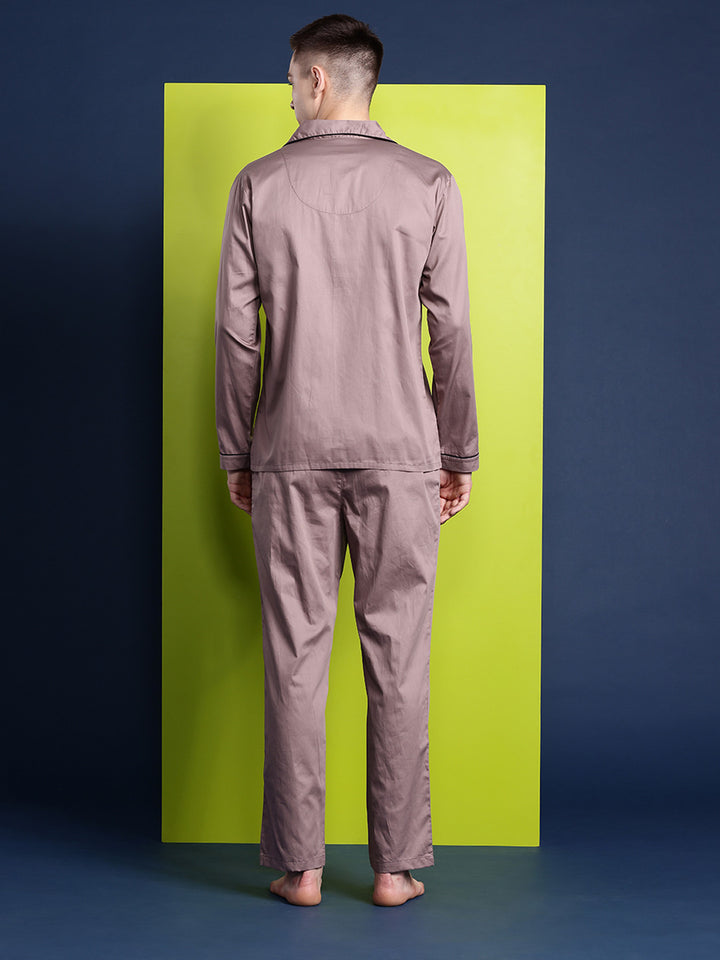 Men Dusty Mauve Solid Pure Cotton Relaxed Fit Casual Night Suit