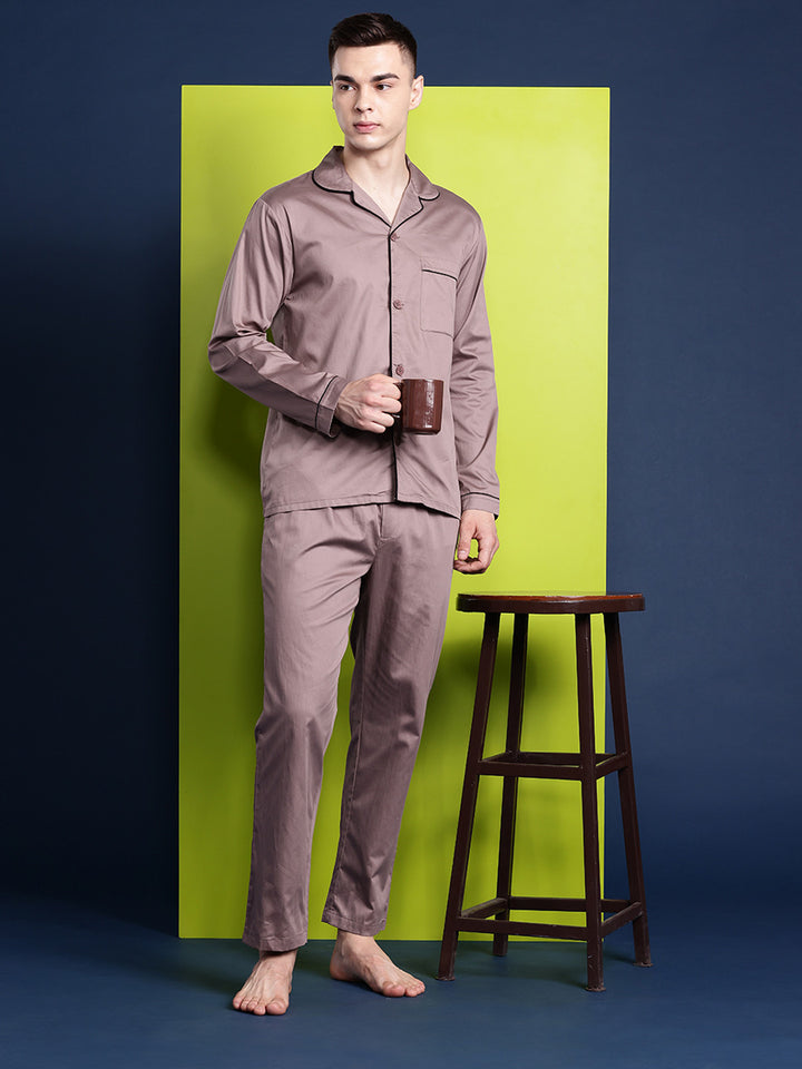 Men Dusty Mauve Solid Pure Cotton Relaxed Fit Casual Night Suit