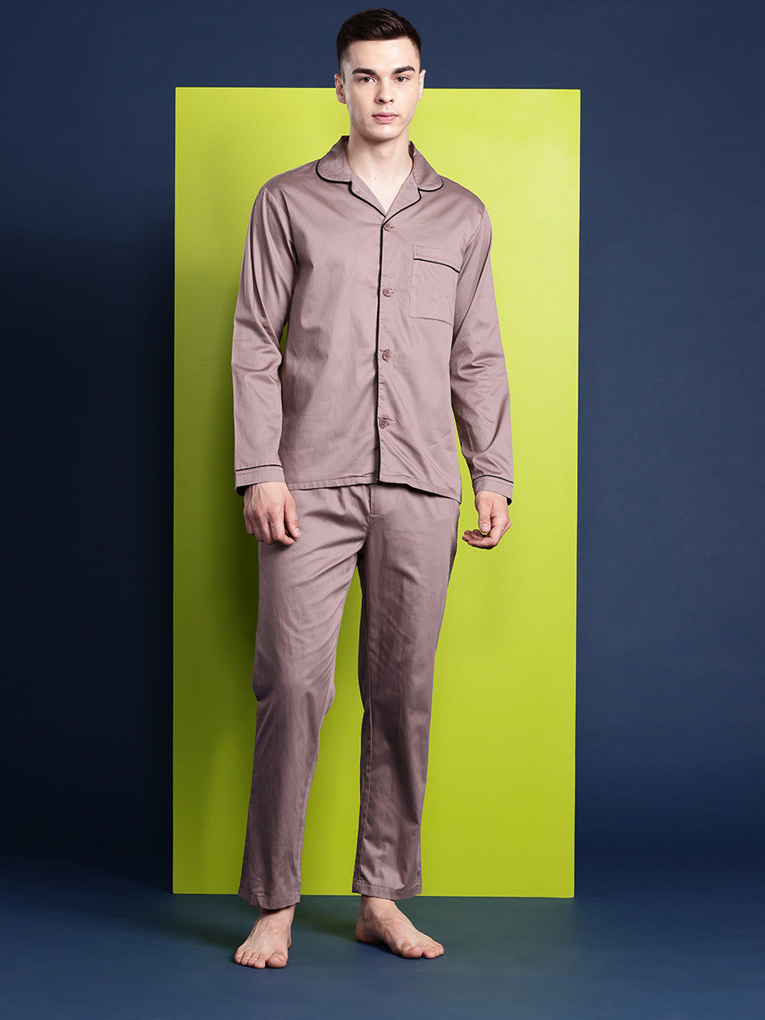 Men Dusty Mauve Solid Pure Cotton Relaxed Fit Casual Night Suit