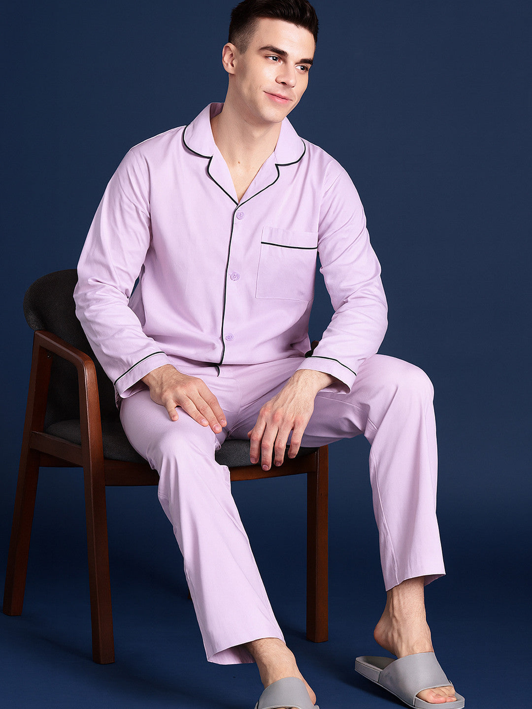 Men Lavender Solid Pure Cotton Relaxed Fit Casual Night Suit