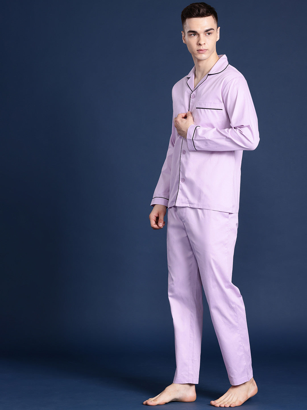 Men Lavender Solid Pure Cotton Relaxed Fit Casual Night Suit