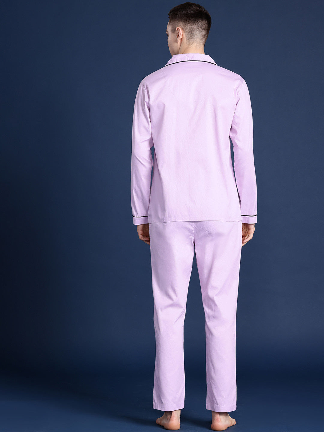 Men Lavender Solid Pure Cotton Relaxed Fit Casual Night Suit