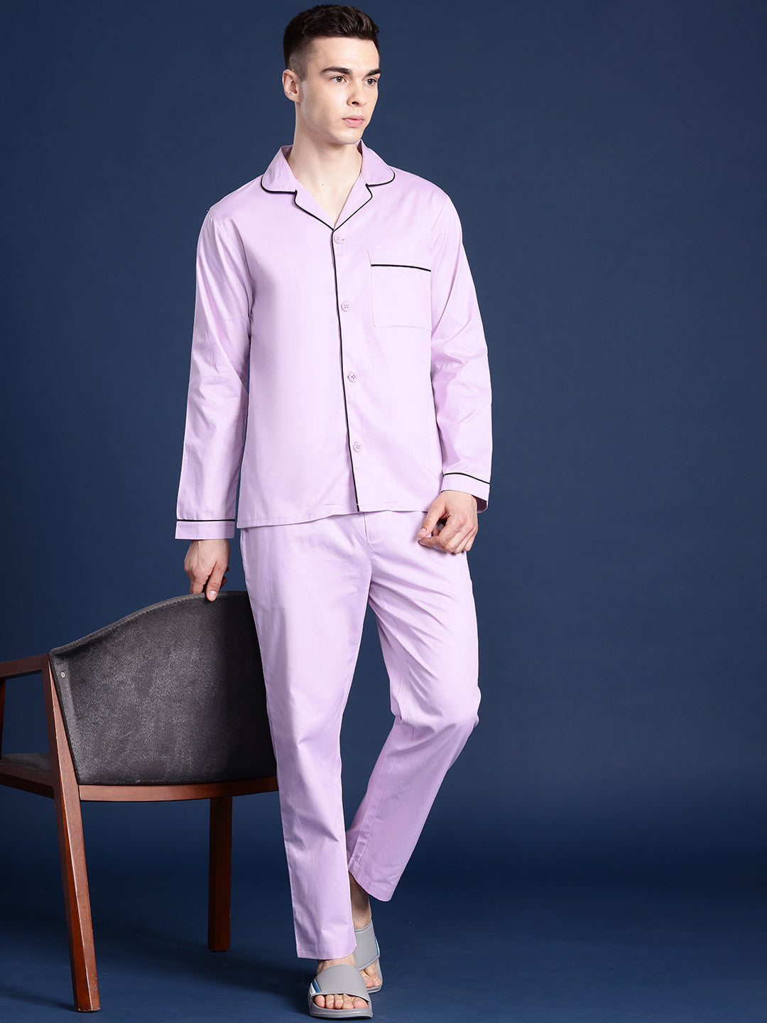 Men Lavender Solid Pure Cotton Relaxed Fit Casual Night Suit