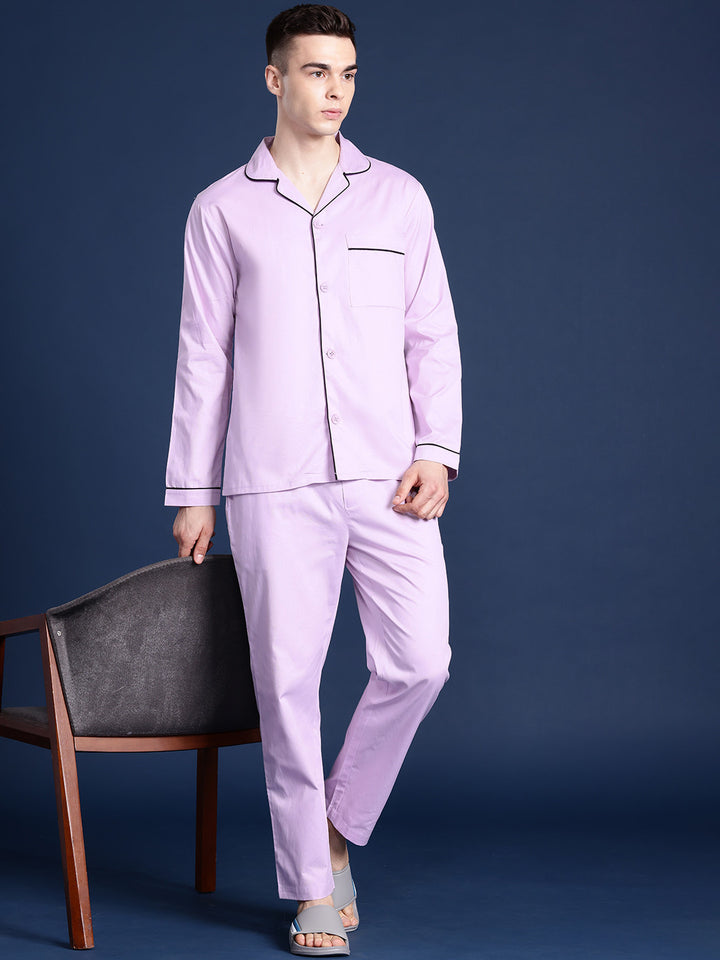 Men Lavender Solid Pure Cotton Relaxed Fit Casual Night Suit