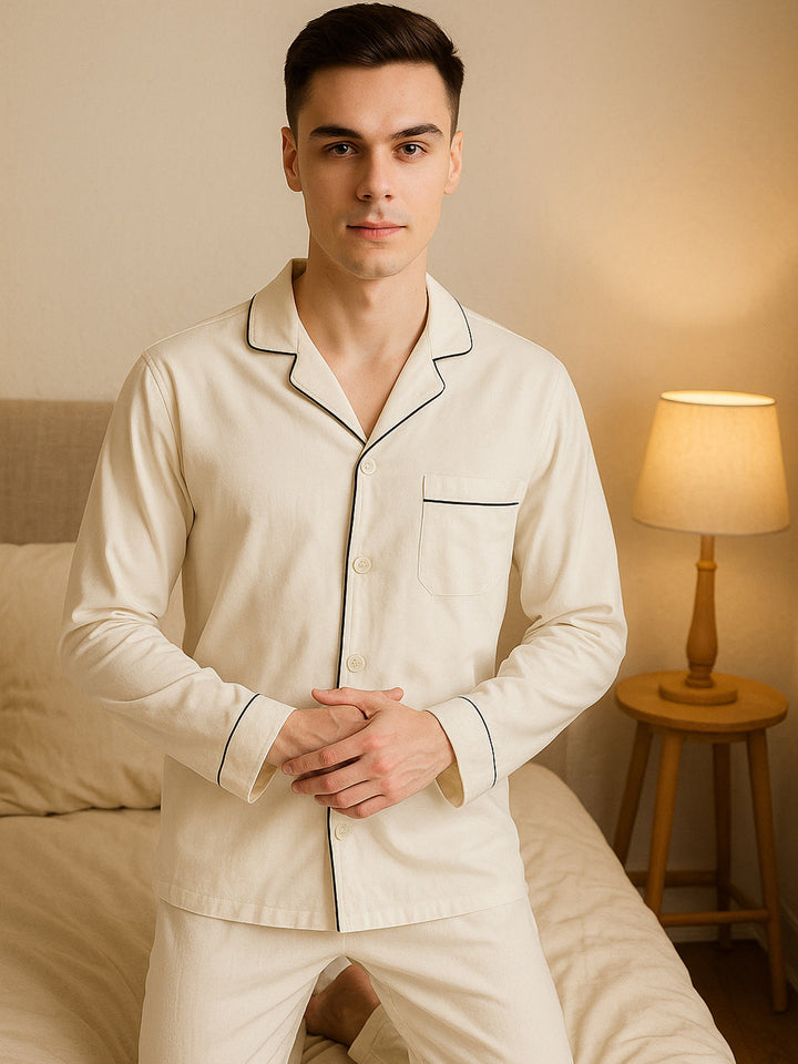Men Cream Solid Pure Cotton Relaxed Fit Casual Night Suit
