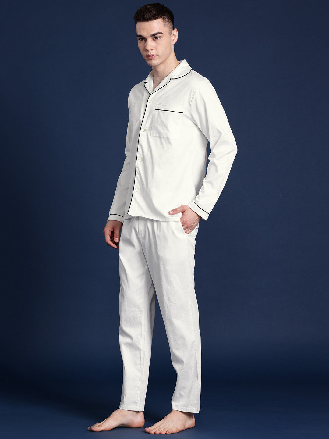 Men Cream Solid Pure Cotton Relaxed Fit Casual Night Suit