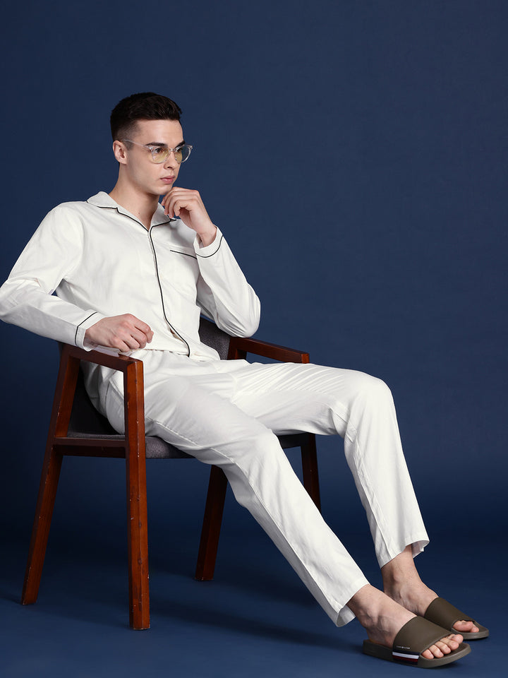Men Cream Solid Pure Cotton Relaxed Fit Casual Night Suit