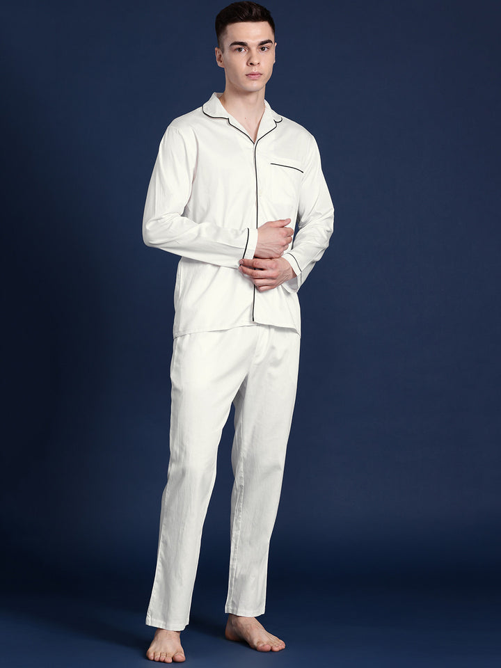 Men Cream Solid Pure Cotton Relaxed Fit Casual Night Suit
