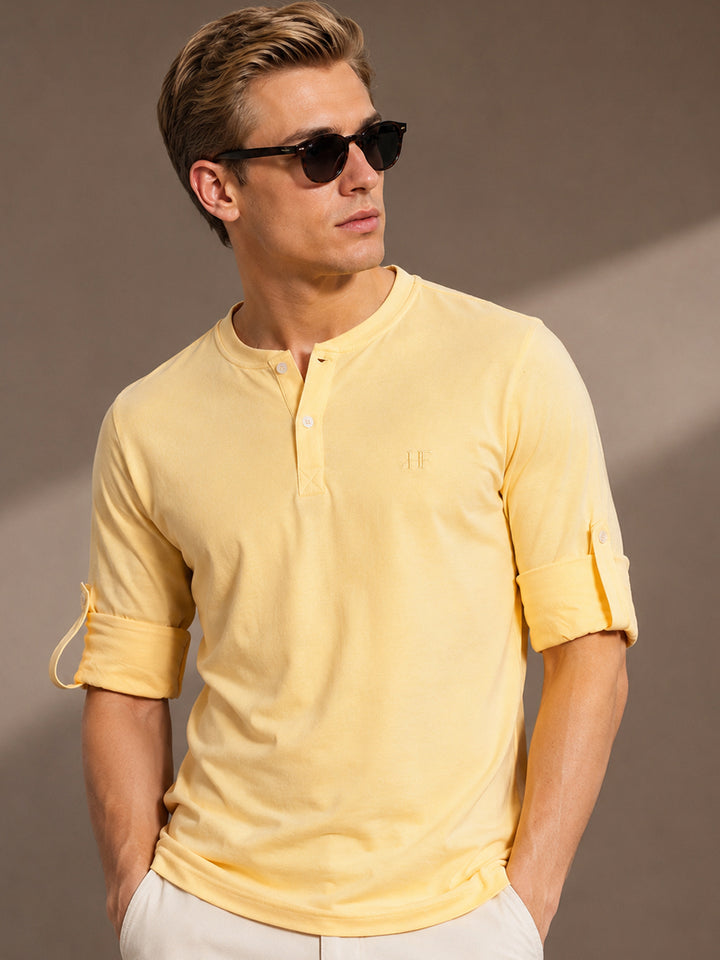 Men Yellow Solid Pure Cotton Relaxed Fit Henley T-Shirt