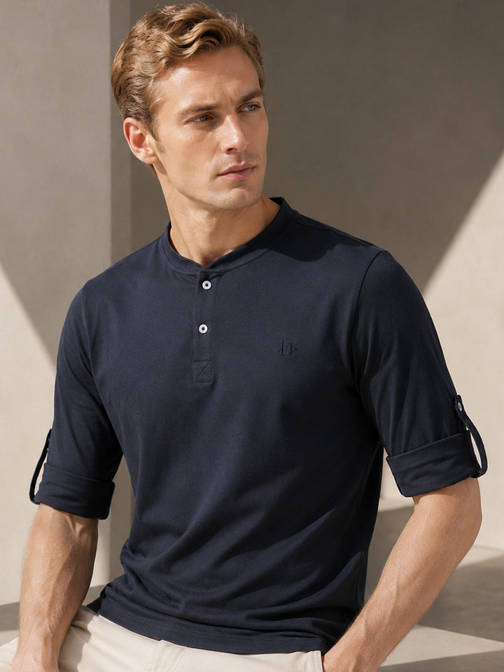 Men Navy Solid Pure Cotton Relaxed Fit Henley T-Shirt