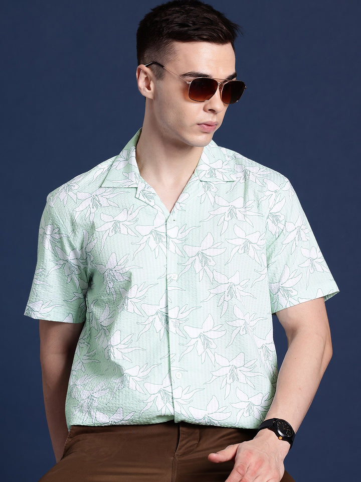 Men Green Printed Pure Cotton Relaxed Fit Casual Shirt