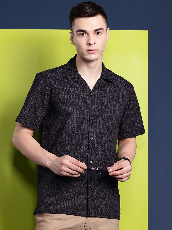 Men Black Printed Pure Cotton Relaxed Fit Casual Shirt
