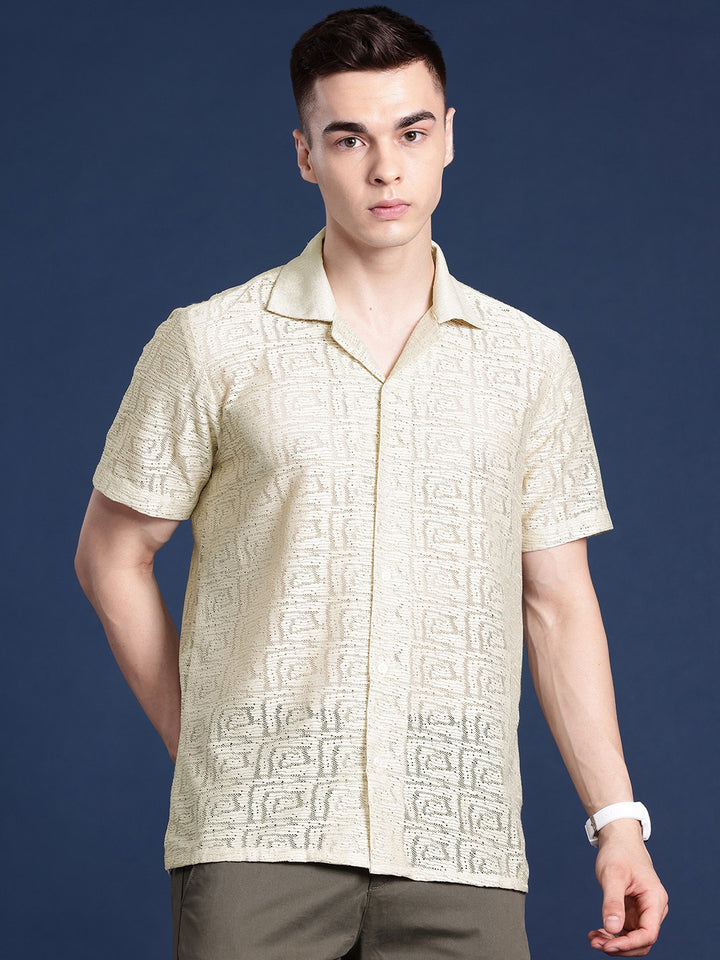 Men Beige Solid Polyester Relaxed Fit Casual Shirt