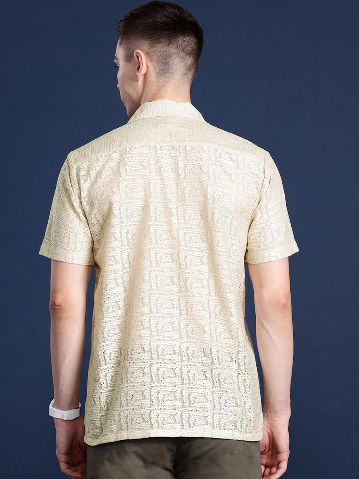 Men Beige Solid Polyester Relaxed Fit Casual Shirt