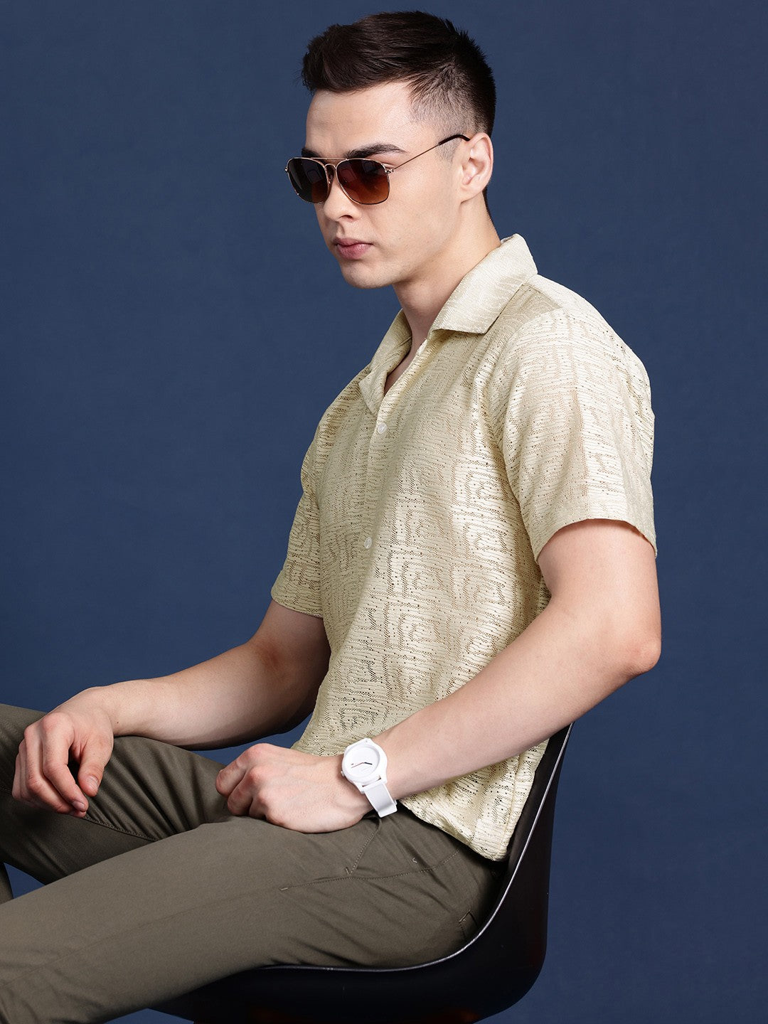Men Beige Solid Polyester Relaxed Fit Casual Shirt