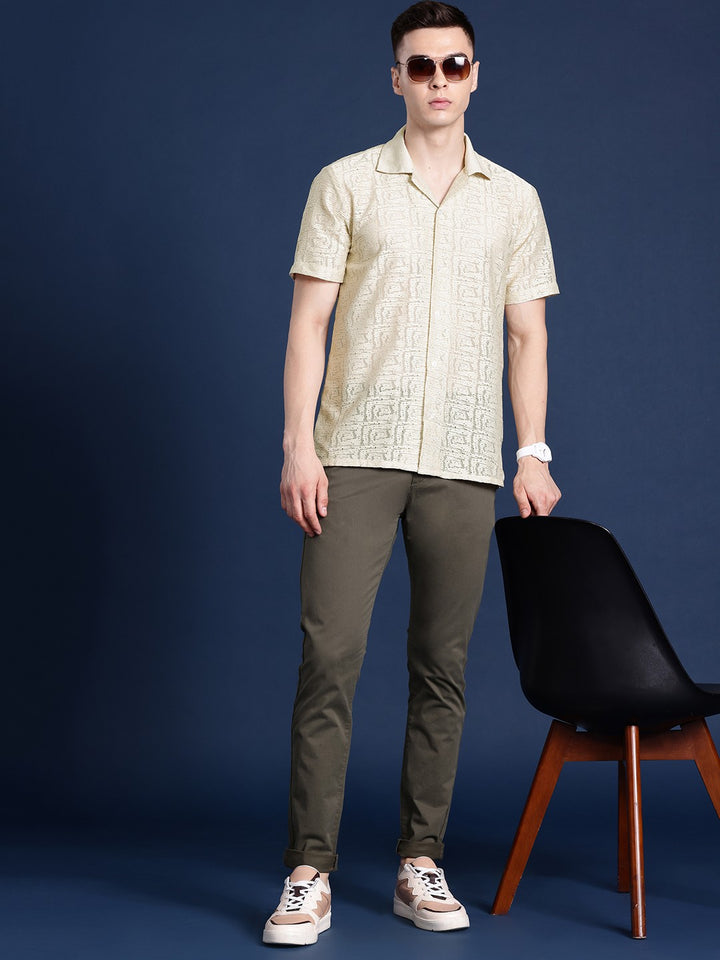 Men Beige Solid Polyester Relaxed Fit Casual Shirt