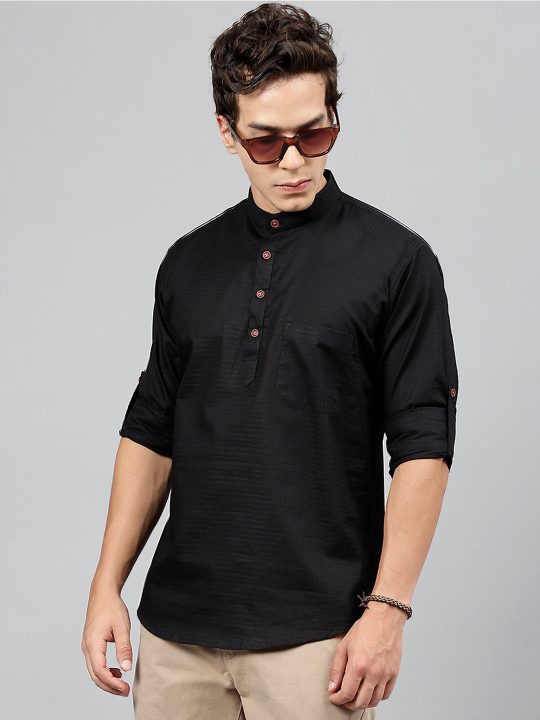 Men Black Self Design Pure Cotton Roll Up Sleeve Slim Fit Casual Kurta